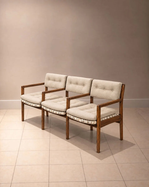 1980s Walnut Three-Seat Bench with Neutral Linen Upholstery