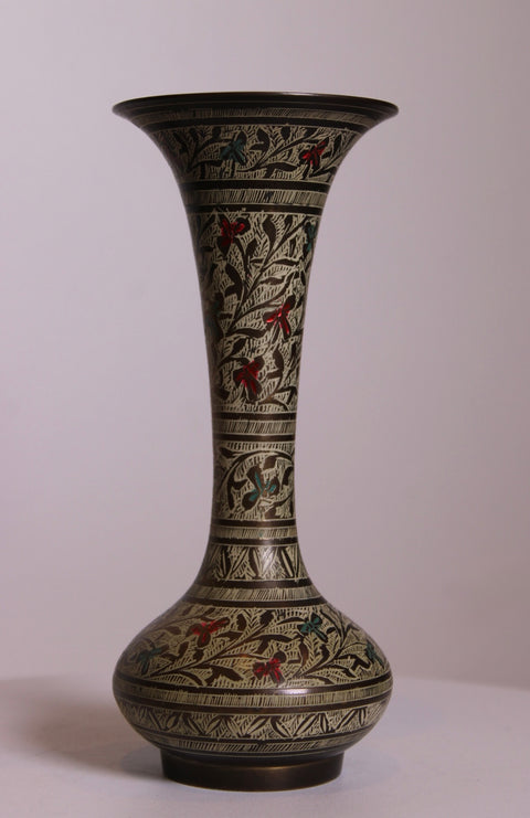 Floral Etched Brass Trumpet Vase