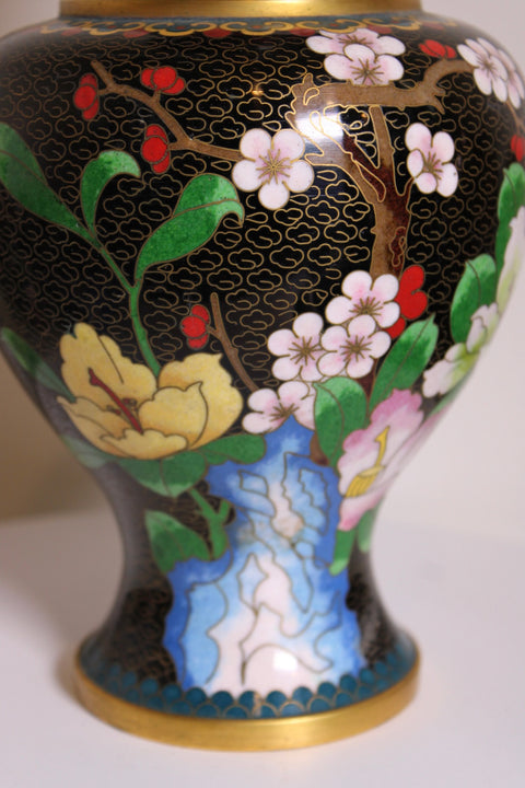 Vintage Chinese Cloisonné Black Floral Vase