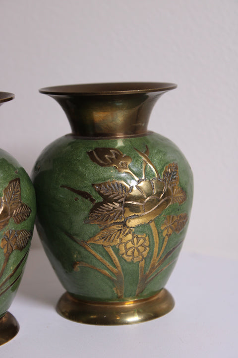 Vintage Pair of Green Brass Overlay Floral Vases