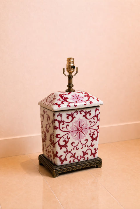 Vintage English Porcelain Covered Jar Table Lamp with Floral Motif