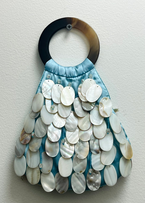 Aqua Shell-Embellished Ring-Handle Handbag