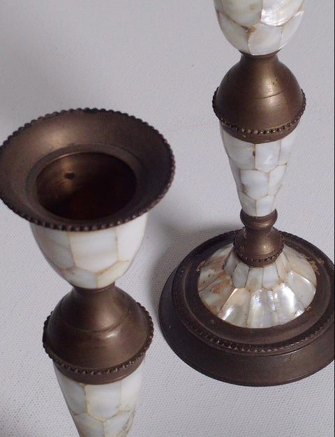 Pair of Abalone & Brass Candlestick Holders – Vintage