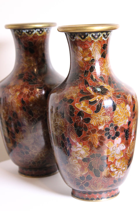Pair of Vintage Cloisonné Floral Vases