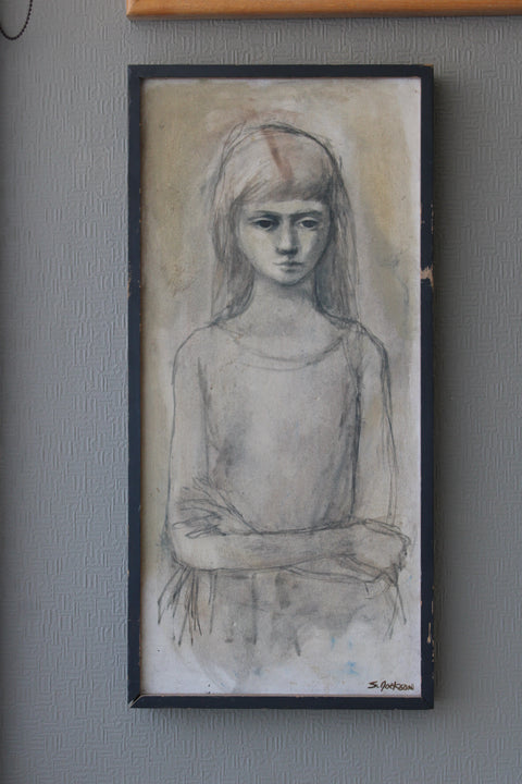 Framed Charcoal Portrait of a Young Woman