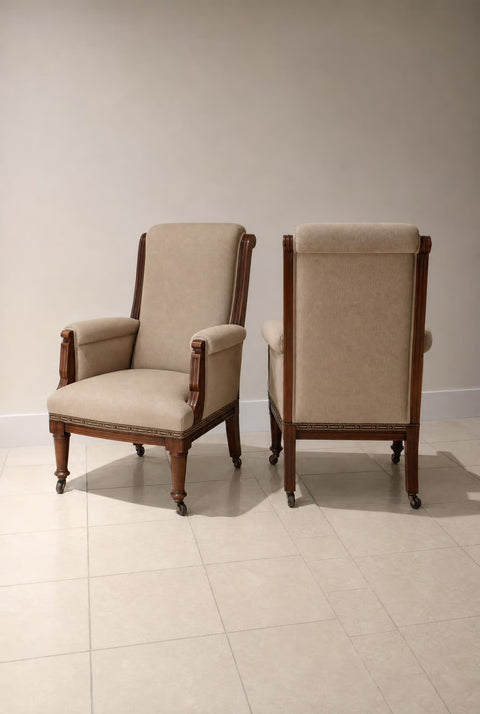 Vintage High-Back Upholstered Armchairs (Pair) | Traditional Walnut Accent Chairs