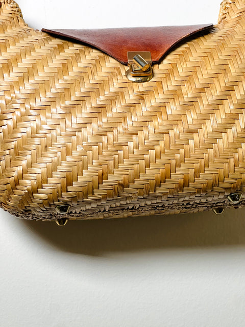 Woven Straw Crescent Shoulder Bag with Brown Trim
