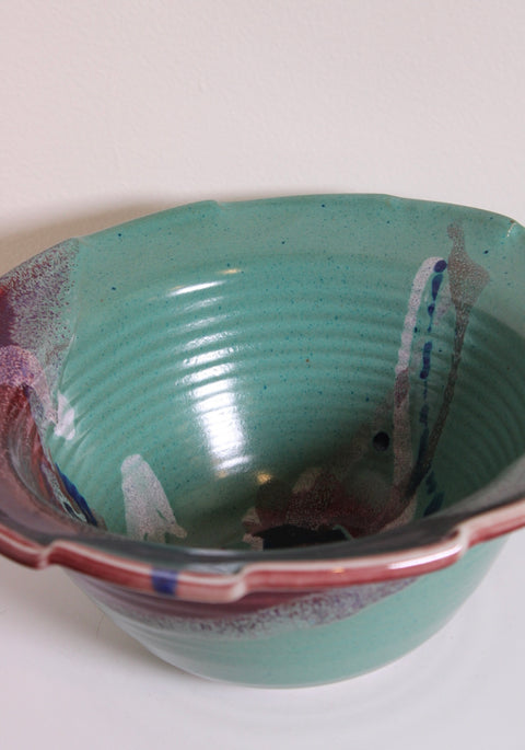 Turquoise Scalloped Studio Pottery Centerpiece Bowl