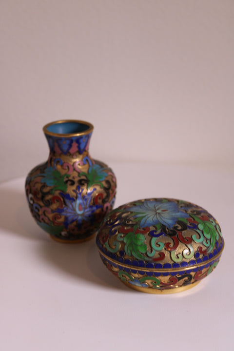 Vintage Chinese Cloisonné Vanity Set – Trinket Box & Bud Vase
