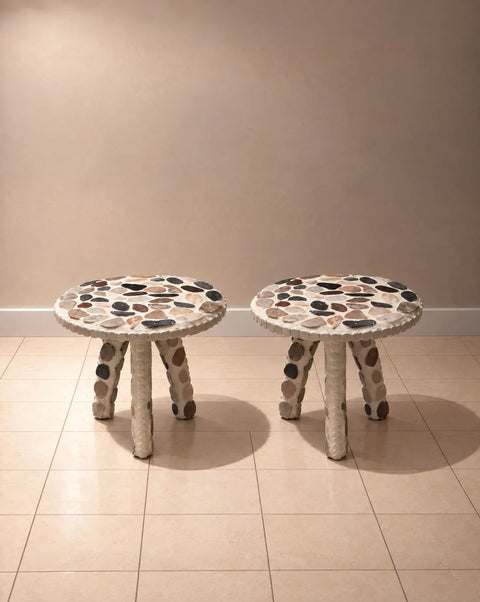 Handmade Multicolor Stone Mosaic Side Tables – Pair