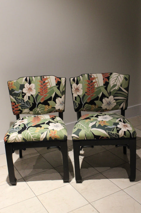 Hollywood Regency Side Chairs | Pair of Black Lacquer Upholstered Accent Chairs