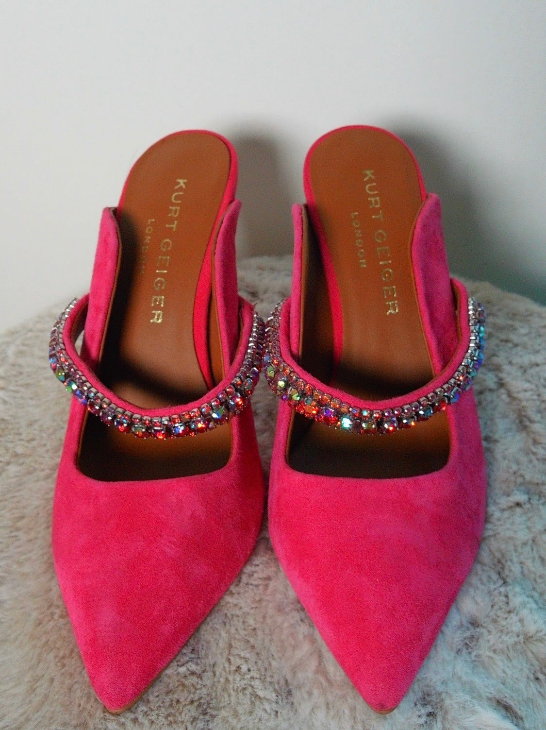 Pre Owned “Kurt Geiger London” Pink Suede Mule Heels | Rhinestone Strap Pointed Toe Pumps | Y2K Statement Heels