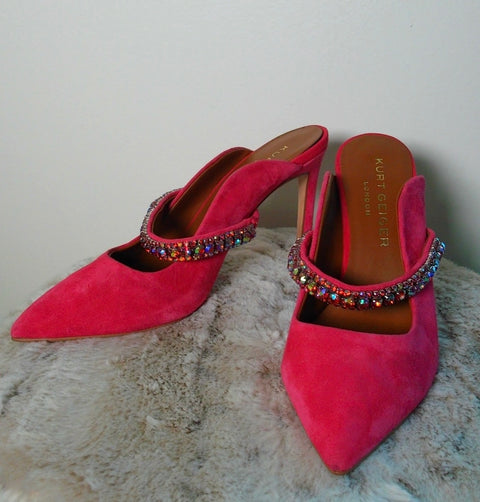Pre Owned “Kurt Geiger London” Pink Suede Mule Heels | Rhinestone Strap Pointed Toe Pumps | Y2K Statement Heels