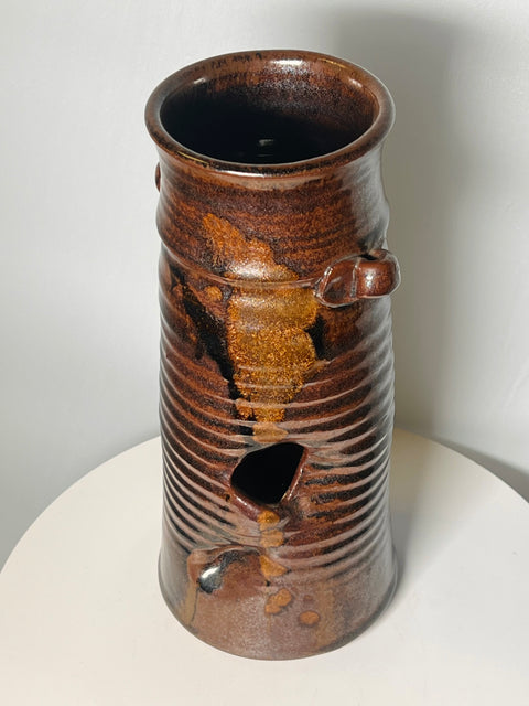 Signed Brown Glazed Clay Vase
