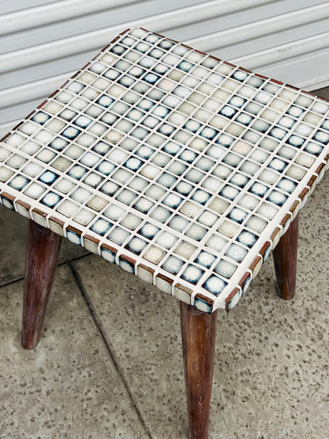 Hand tiled white/blue accent Side Tables (Pair)