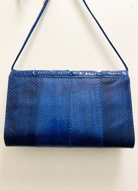Blue Reptile-Texture Leather Shoulder Bag