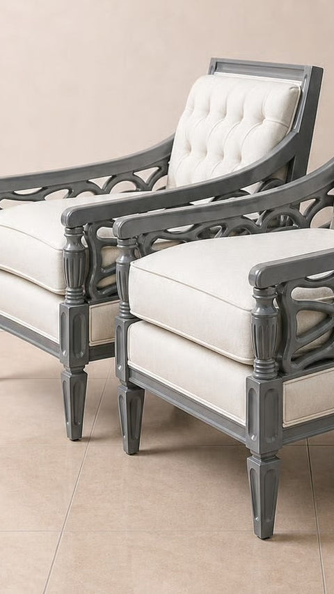 Pair Vintage Fretwork Grey Lacquered Chairs