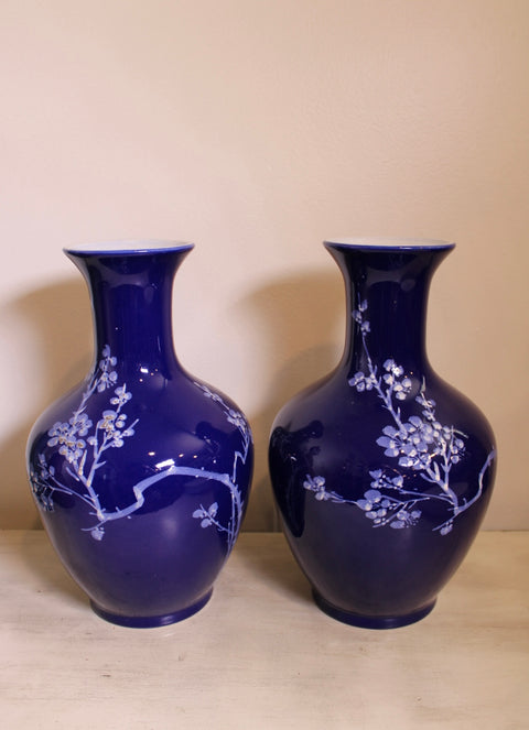 Pair of Vintage Cobalt Blue Prunus Porcelain Vases