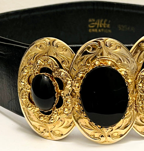 Hobé Black Belt with Gold-Tone Medallions