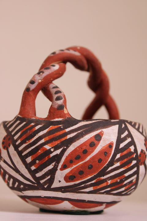 Hand Painted Folk Art Basket Pottery Vessel