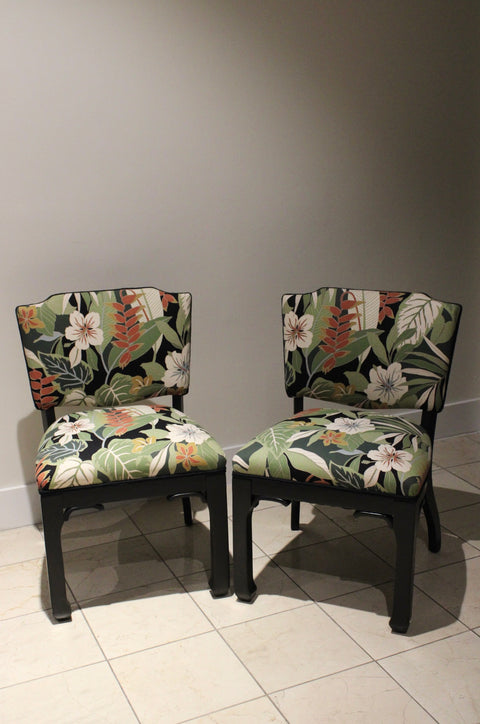 Hollywood Regency Side Chairs | Pair of Black Lacquer Upholstered Accent Chairs