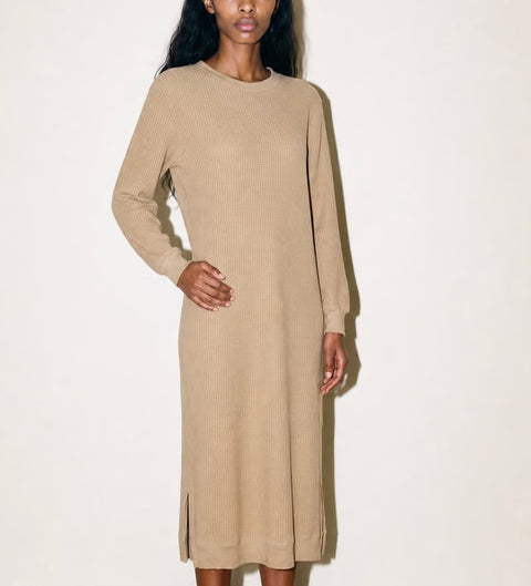 Vintage Beige Ribbed Knit Dress