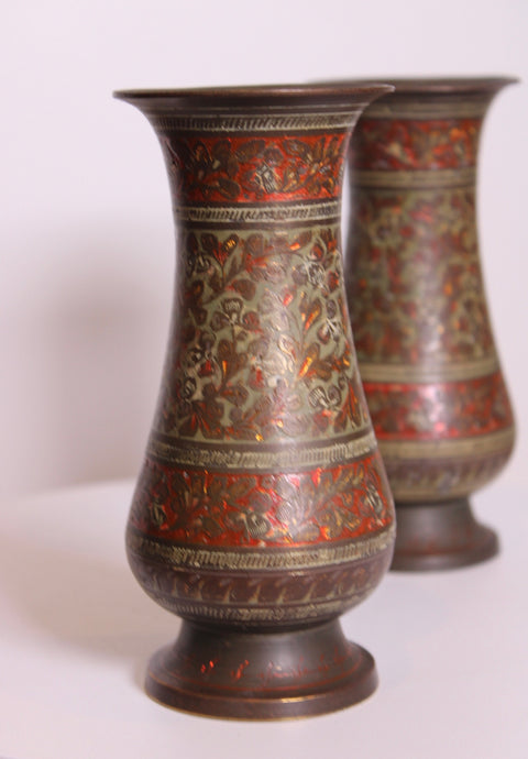 Pair of Red Floral Brass Vases