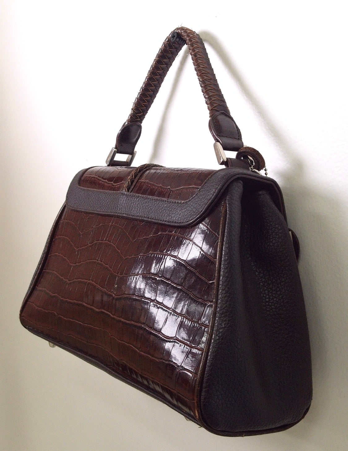 Pre Owned Brighton Satchel #D276571 | Brown Croc-Embossed Leather | Silver Heart Hardware | Braided Handle