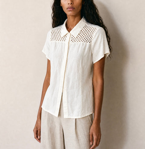 Dina K White Linen Eyelet Button-Up Blouse