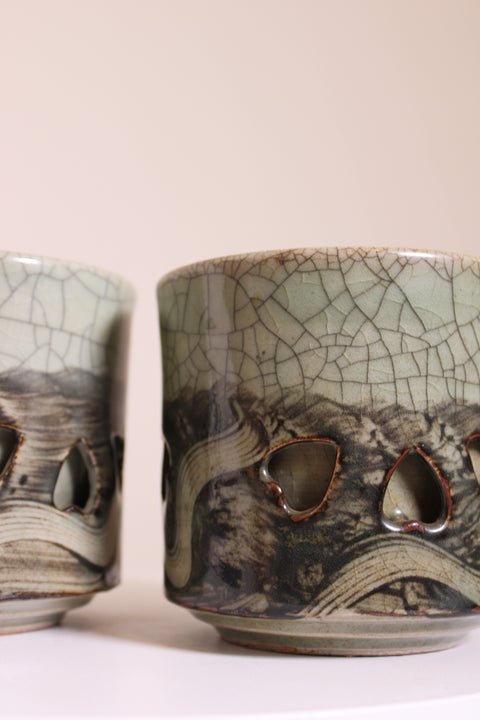 Vintage Japanese Somayaki Double-Wall Yunomi Tea Cups, Celadon Crackle, Set of 2