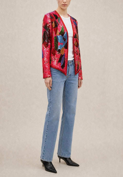 Red Sequin Floral Cardigan