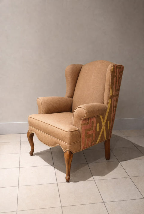 Vintage Barrel-Back Accent Chair with Kuba-Style Textile | Mid-Century Lounge Chair