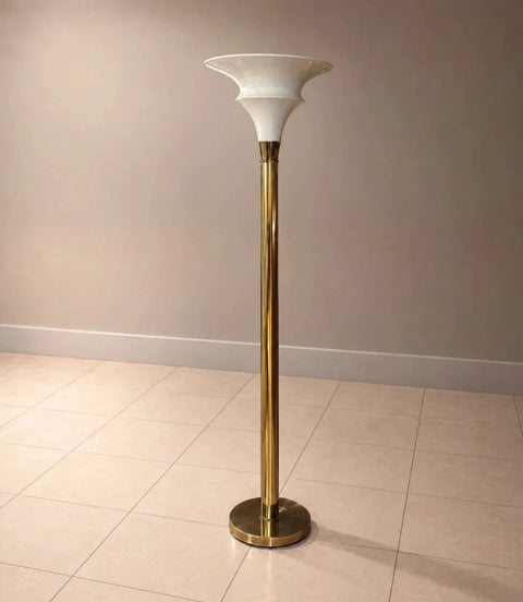 Pair of Brass-Tone Art Deco Torchiere Floor Lamps with White Shades