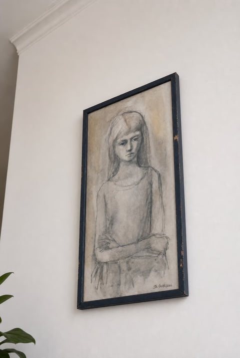 Vintage Framed Charcoal Portrait of a Young Woman