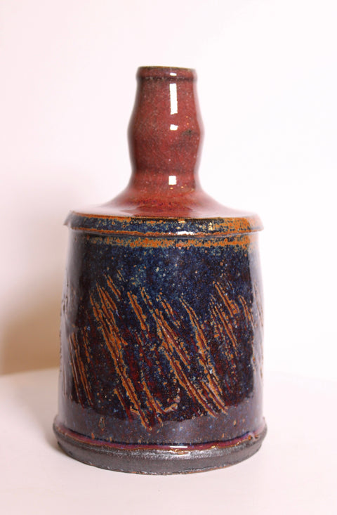 Blue and Red Signed Studio Pottery Bottle