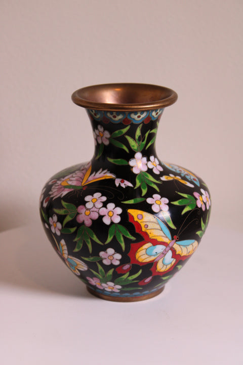 Vintage Chinese Cloisonné Butterfly & Blossom Vase – Black Enamel Ground