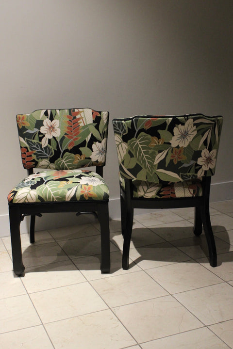 Hollywood Regency Side Chairs | Pair of Black Lacquer Upholstered Accent Chairs