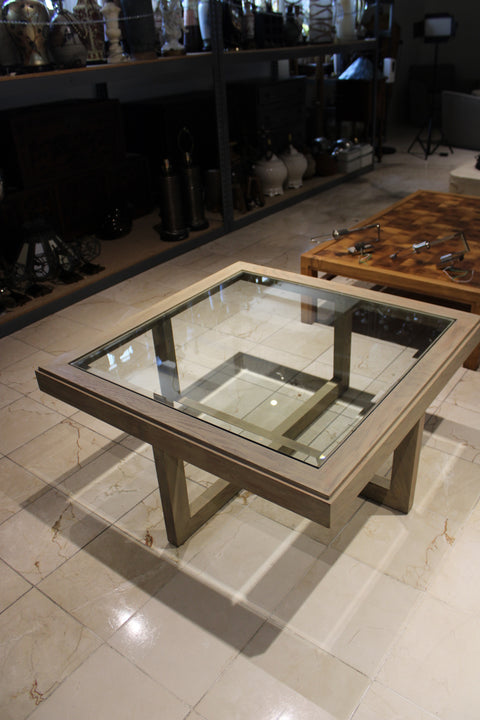 Vintage Square Glass and Wood Coffee Table