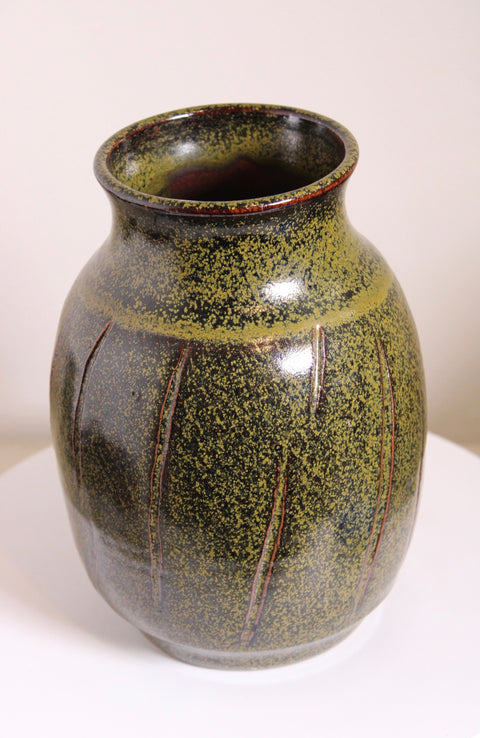 Carved Green Speckled Studio Pottery Vase