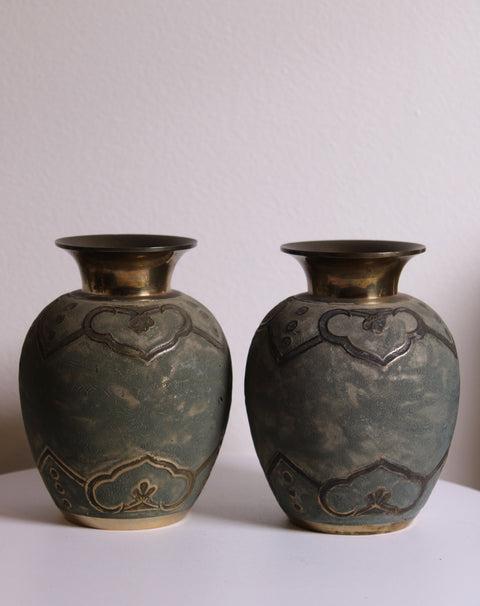 Pair of Vintage Brass & Enamel Teal Green Baroque Vases
