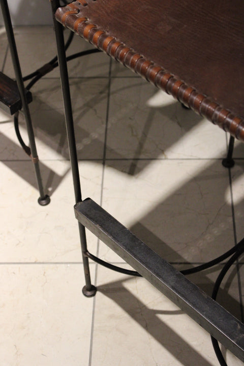 Set of 3 Vintage Leather & Iron Counter Stools | Rustic Modern Bar Seating
