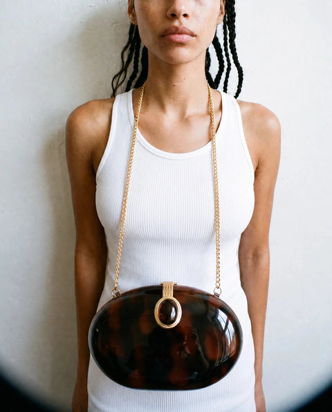 Tortoiseshell-Effect Oval Evening Bag