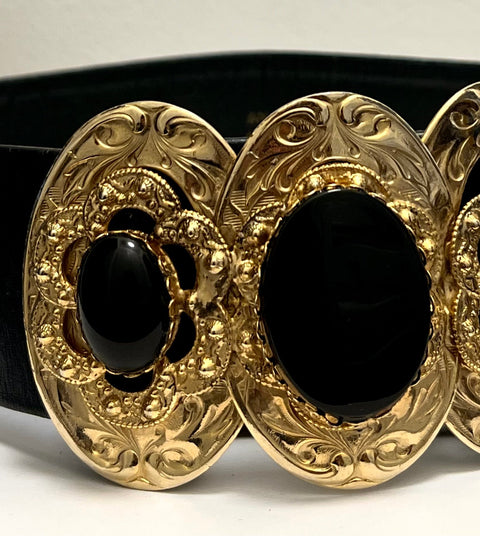 Hobé Black Belt with Gold-Tone Medallions