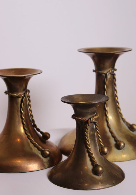Vintage Set of Three Brass Rope Tassel Candle Holders