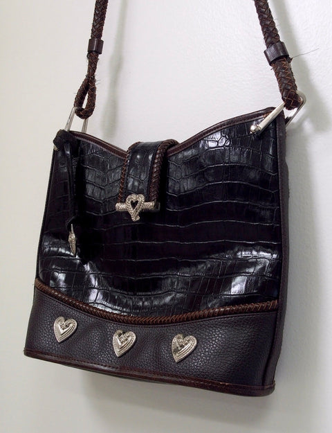 Pre Owned Brighton Black Croc Embossed Leather Crossbody | Silver Heart Hardware | Braided Strap | 90s (Y2K Vintage)