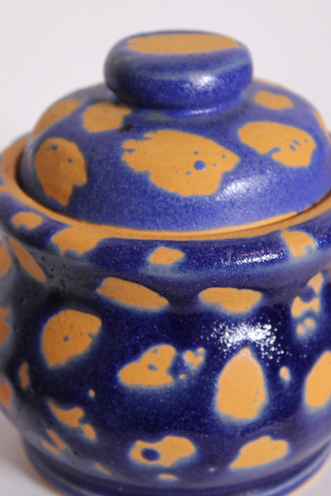Blue Yellow Spotted Covered Pottery Box