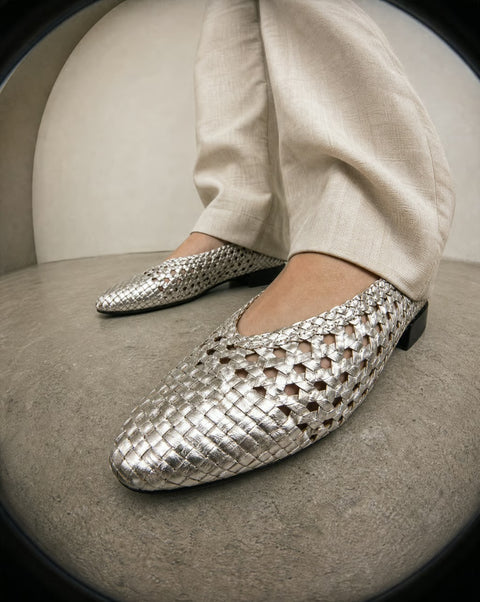Silver Metallic Woven Slip-On Flats