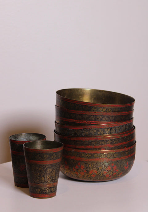 Vintage Brass and Enamel Bowl Set