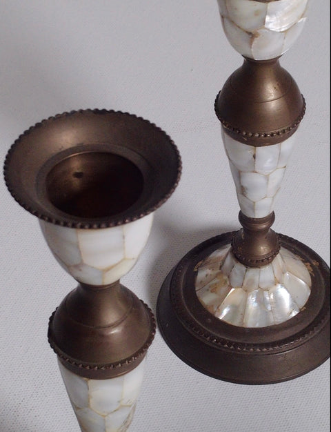 Pair of Abalone & Brass Candlestick Holders – Vintage