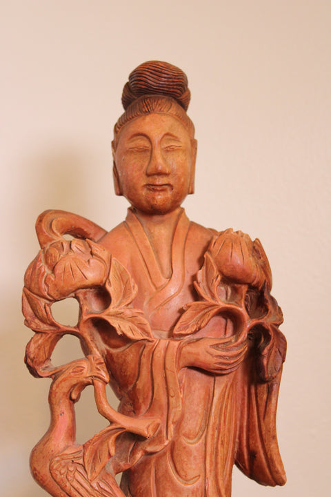 Vintage Carved Wood Immortal Figure Sculpture with Crane and Lotus Base